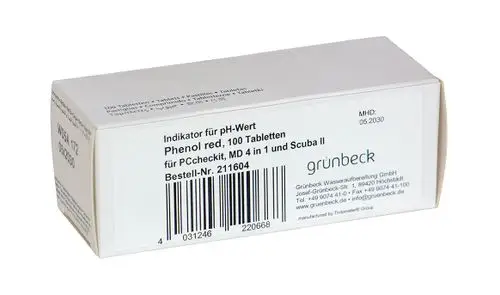 Verpackung mit 100 Tabletten zur pH-Wert-Überprüfung, hergestellt von Grünbeck. Gebrauchsanweisung und Seriennummer auf der Rückseite.
